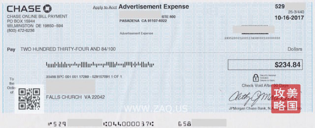 这是我刚收到的一张 cashier's check，是商家支付的广告费，由 chase 银行签字
