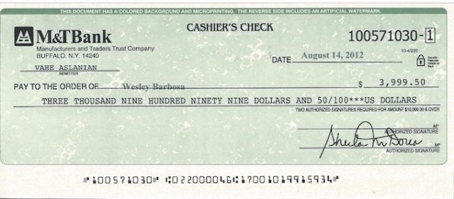 这张 M&T Bank 的支票注明了是「Cashier's Check」