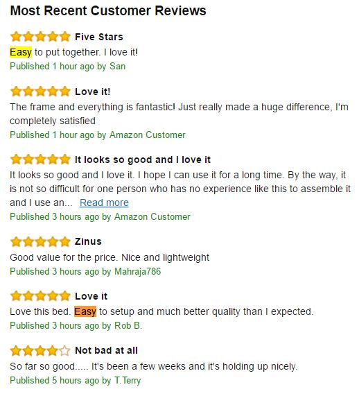 购买者对于床的评价，许多人评价皆为组装简单，我资料阅读他们的评论后才放心购买；来源：Amazon