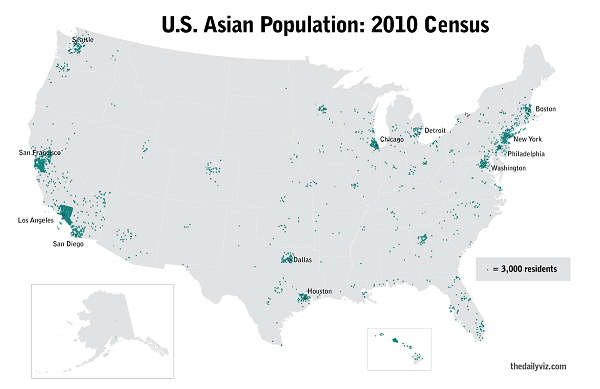 亞裔華人在美的分布圖，圖片來源：Wiki