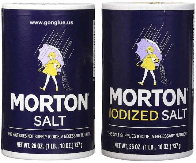 Morton 食盐，左为不加碘，右为加碘盐（Iodized）