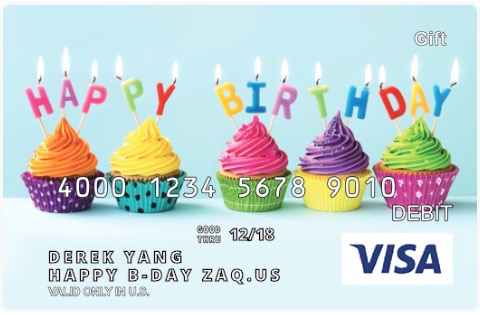 Visa 礼品卡，字样为 「Derek Yang Happy B-Day ZAQ.us」