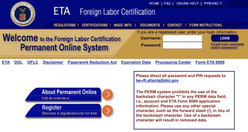 PERM Foreign Labor Certification Online System