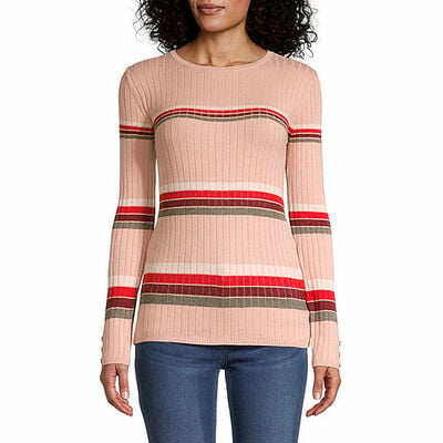 Liz Claiborne Womens Crew Neck Long Sleeve Striped Pullover Sweater
