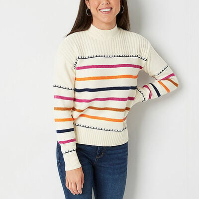 St. Johns Bay Womens Funnel Neck Long Sleeve Striped Pullover Sweater
