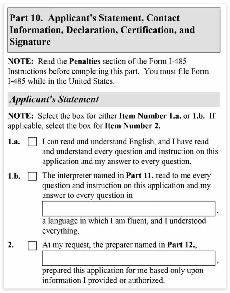 Form I-485, Part 10, Applicant's Statement