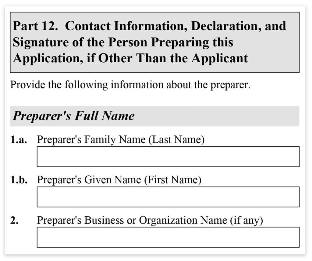 Form I-485, Part 12, Contact Information of Preparer